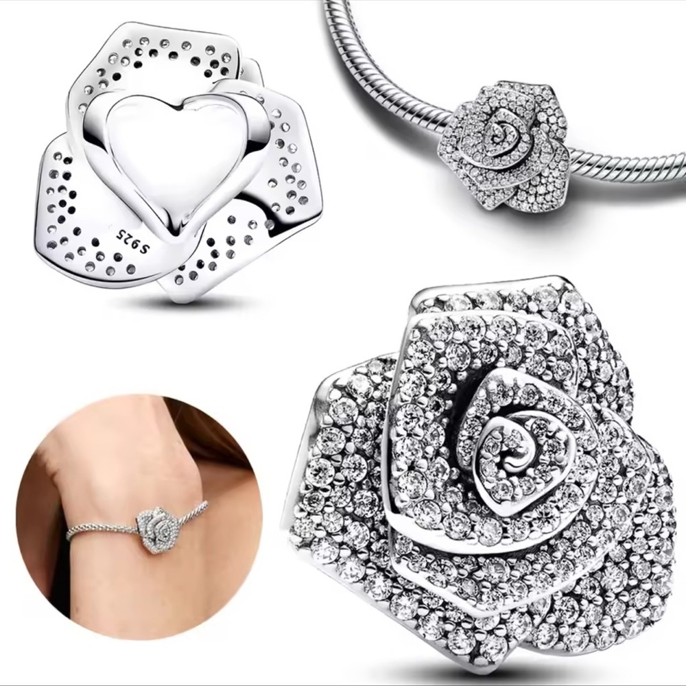 Silver Rose Crystal Charm Ring - Elegant Women's Jewelry